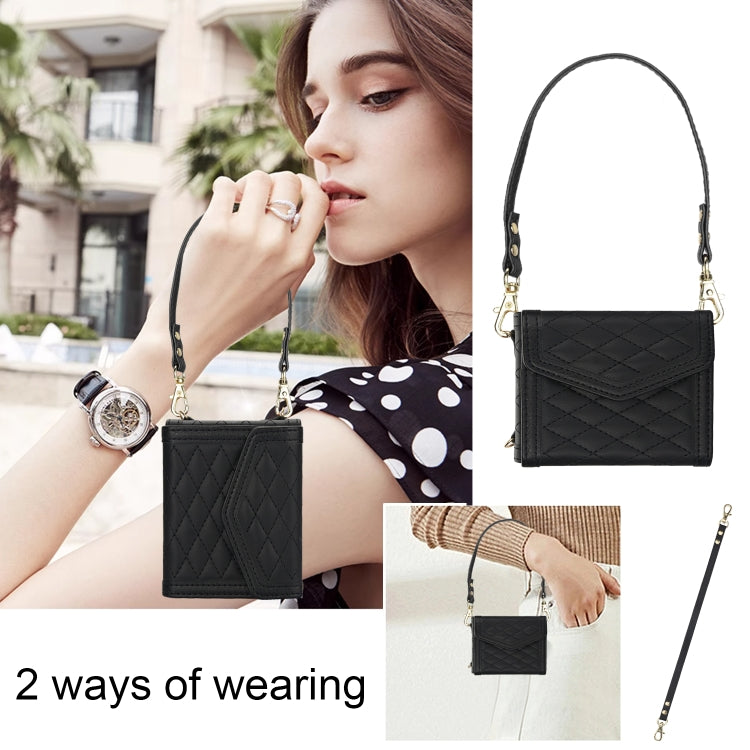 For Samsung Galaxy Z Flip6 Splicing Rhombic Texture Phone Case with Long & Short Lanyard, Not Included Pen(Black) - Galaxy Z Flip6 5G Cases by buy2fix | Online Shopping UK | buy2fix