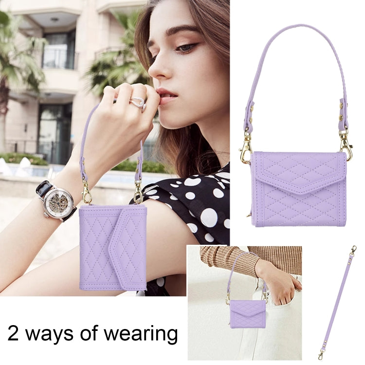 For Samsung Galaxy Z Flip6 / Flip7 FE Splicing Rhombic Texture Phone Case with Long & Short Lanyard, Not Included Pen(Purple) - Galaxy Z Flip6 5G Cases by buy2fix | Online Shopping UK | buy2fix