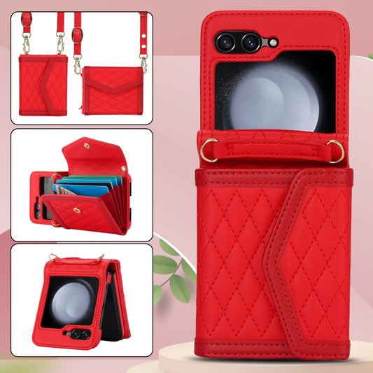 For Samsung Galaxy Z Flip6 / Flip7 FE Splicing Rhombic Texture Phone Case with Long & Short Lanyard, Not Included Pen(Red) - Galaxy Z Flip6 5G Cases by buy2fix | Online Shopping UK | buy2fix