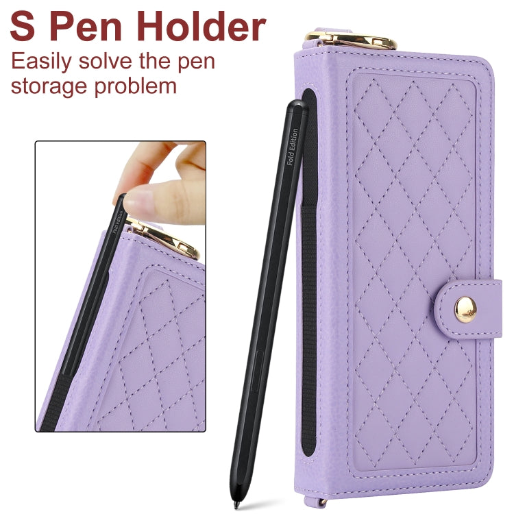 For Samsung Galaxy Z Fold3 Splicing Rhombic Texture Phone Case with Long & Short Lanyard, Not Included Pen(Purple) - Galaxy Phone Cases by buy2fix | Online Shopping UK | buy2fix