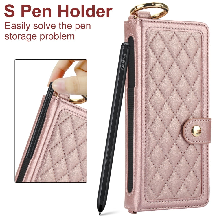 For Samsung Galaxy Z Fold5 Splicing Rhombic Texture Phone Case with Long & Short Lanyard, Not Included Pen(Rose Gold) - Galaxy Z Fold5 Cases by buy2fix | Online Shopping UK | buy2fix