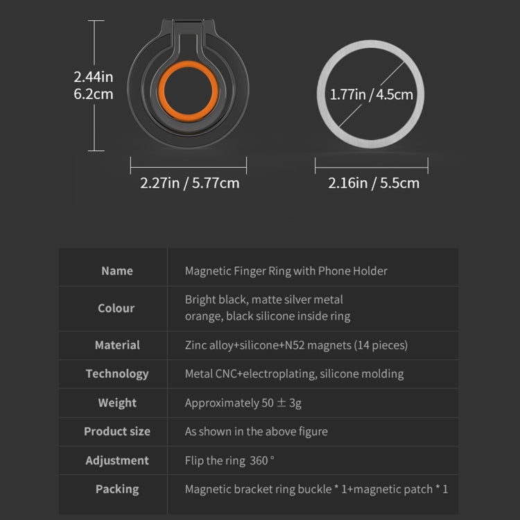 360 Rotations MagSafe Magnetic Finger Ring with Phone Holder(Black + Orange) by buy2fix