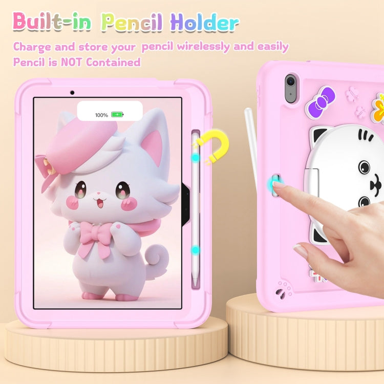 For iPad Air 11 2025 / 2024 Cat Holder Silicone Hybrid PC Tablet Case with Strap(Cherry Blossom Pink) by buy2fix