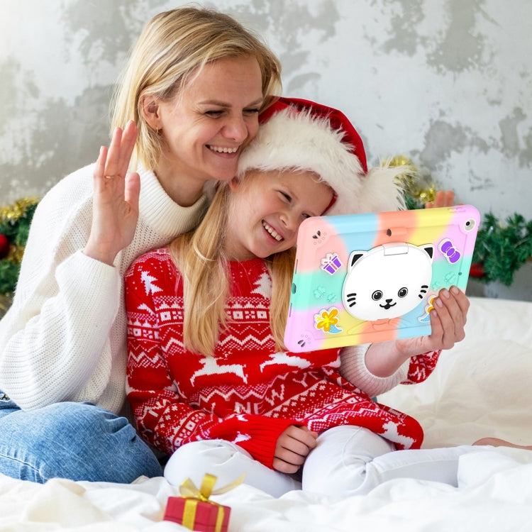 For iPad 10.2 2021 / 2020 / 2019 Cat Holder Silicone Hybrid PC Tablet Case with Strap(Colorful Rose Gold) - iPad 10.2 Cases by buy2fix | Online Shopping UK | buy2fix