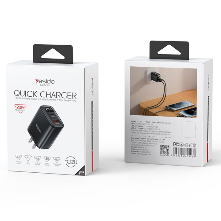 Yesido YC12U 20W USB-C / Type-C + USB Digital Display Charger, Specification:US Plug(Black) - USB Charger by Yesido | Online Shopping UK | buy2fix