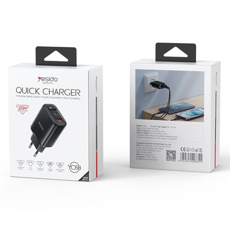 Yesido YC68 20W USB-C / Type-C + USB Digital Display Charger, Specification:EU Plug(Black) - USB Charger by Yesido | Online Shopping UK | buy2fix