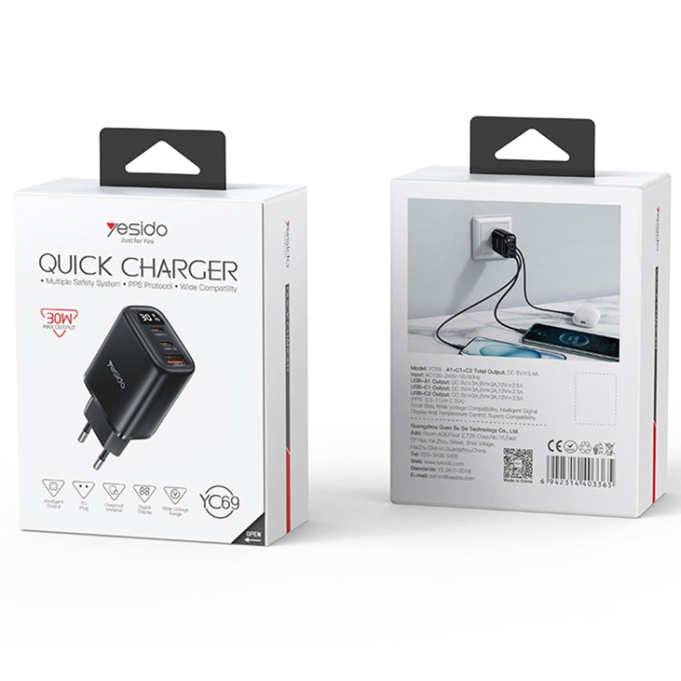 Yesido YC69 30W USB + Dual USB-C / Type-C Digital Display Charger, Specification:EU Plug(Black) - USB Charger by Yesido | Online Shopping UK | buy2fix