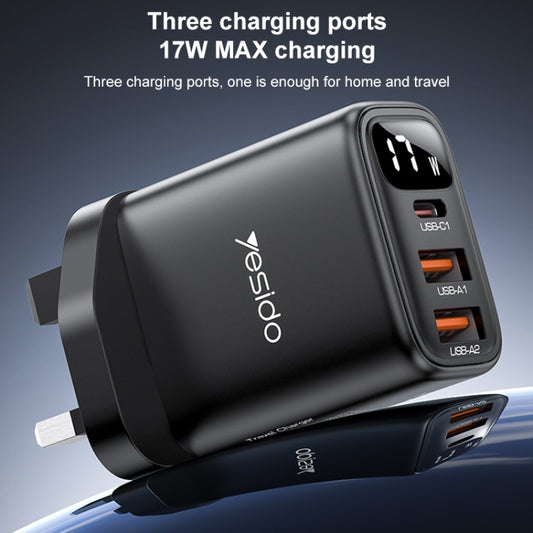 Yesido YC86 17W USB-C / Type-C + Dual USB Digital Display Charger, Specification:UK Plug(Black) - USB Charger by Yesido | Online Shopping UK | buy2fix