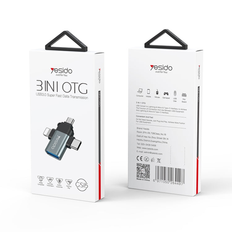 Yesido GS15 3 in 1 USB to USB-C / Type C + Micro USB + 8 Pin OTG Adapter(Black) by Yesido