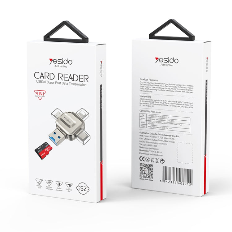 Yesido GS23 USB 3.0 to USB-C / Type-C, Micro USB, 8 Pin 4 in 1 Card Reader(Gold) by Yesido