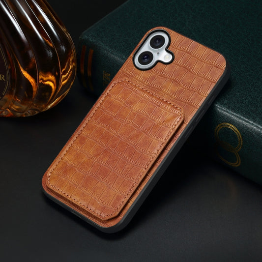 For iPhone 16 Imitation Crocodile Leather Back Phone Case with Holder(Brown) by buy2fix