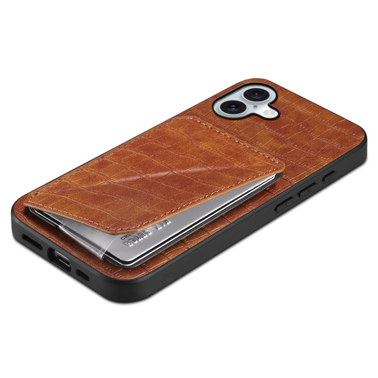 For iPhone 16 Plus Imitation Crocodile Leather Back Phone Case with Holder(Brown) by buy2fix