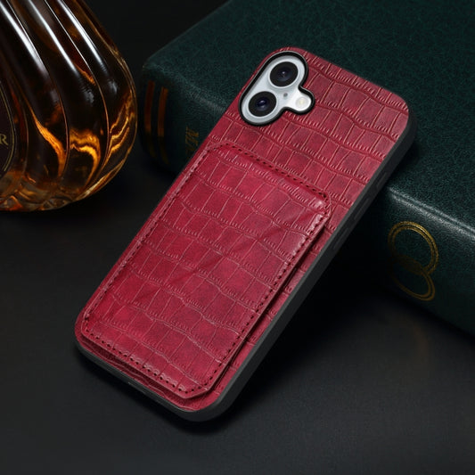 For iPhone 16 Plus Imitation Crocodile Leather Back Phone Case with Holder(Rose Red) by buy2fix