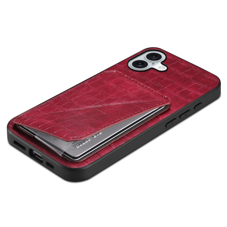 For iPhone 16 Plus Imitation Crocodile Leather Back Phone Case with Holder(Rose Red) by buy2fix