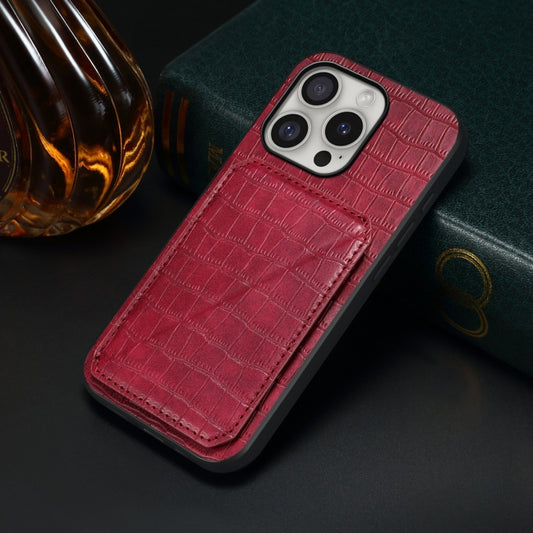 For iPhone 16 Pro Max Imitation Crocodile Leather Back Phone Case with Holder(Rose Red) by buy2fix