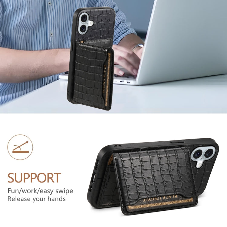 For iPhone 16 Plus Crocodile Texture Card Bag Design Full Coverage Phone Case(Black) by buy2fix