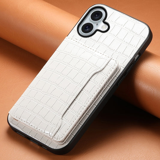 For iPhone 16 Plus Crocodile Texture Card Bag Design Full Coverage Phone Case(White) by buy2fix