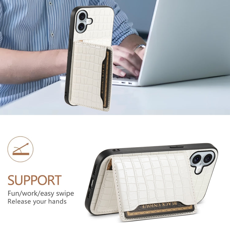 For iPhone 16 Plus Crocodile Texture Card Bag Design Full Coverage Phone Case(White) by buy2fix