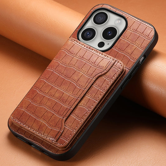 For iPhone 16 Pro Crocodile Texture Card Bag Design Full Coverage Phone Case(Brown) by buy2fix