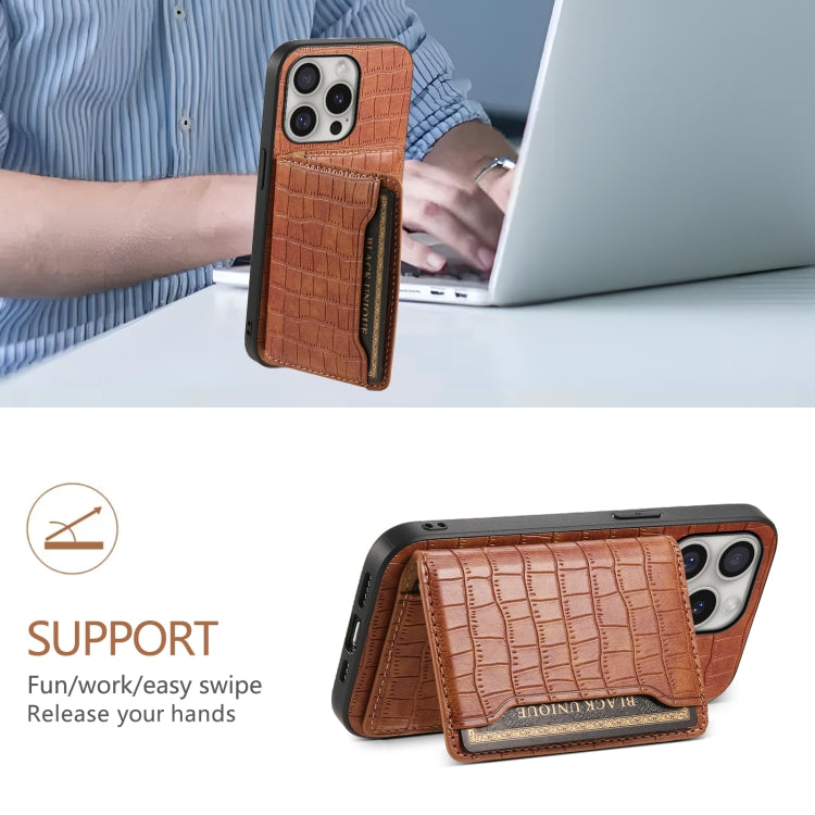 For iPhone 16 Pro Crocodile Texture Card Bag Design Full Coverage Phone Case(Brown) by buy2fix