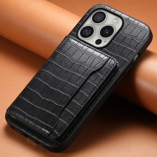 For iPhone 16 Pro Crocodile Texture Card Bag Design Full Coverage Phone Case(Black) by buy2fix