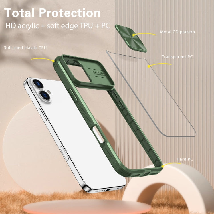 For iPhone 16 Sliding Camshield Acrylic Hybrid TPU Phone Case(Olive Green) by buy2fix