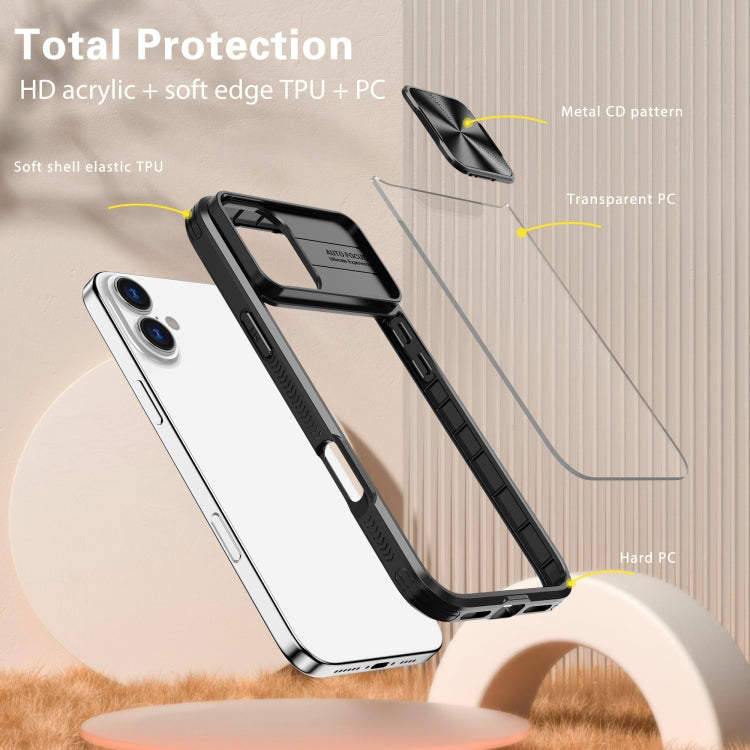 For iPhone 16 Plus Sliding Camshield Acrylic Hybrid TPU Phone Case(Black) by buy2fix