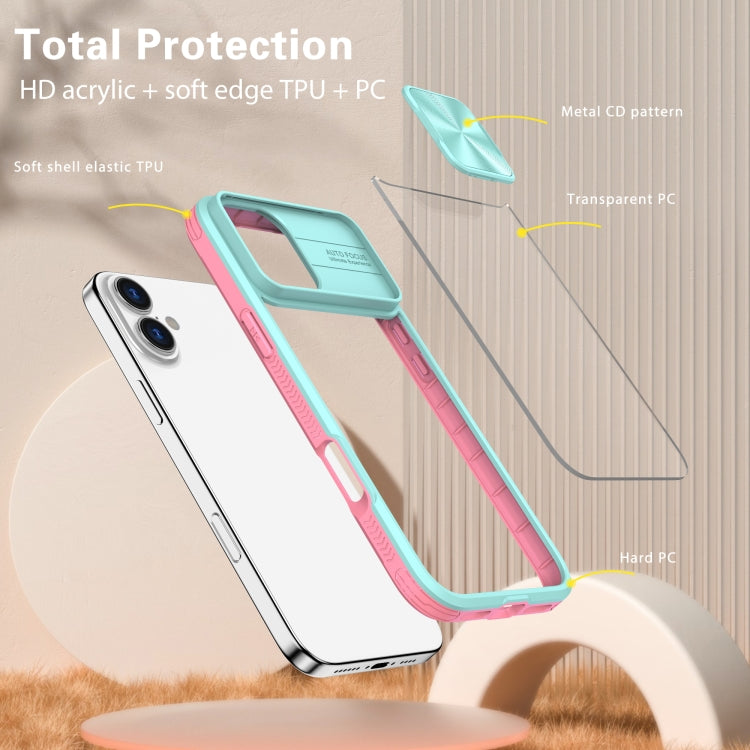 For iPhone 16 Plus Sliding Camshield Acrylic Hybrid TPU Phone Case(Blue Pink) by buy2fix