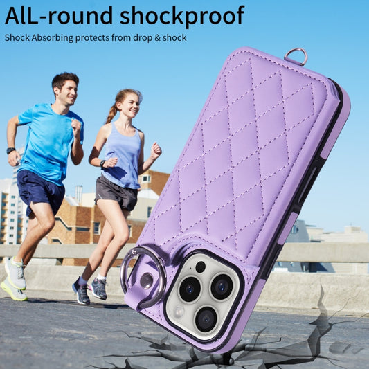 For iPhone 16 Pro Rhombic Texture Card Bag Phone Case with Short Lanyard(Purple) by buy2fix