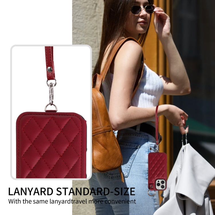 For iPhone 16 Pro Rhombic Texture Card Bag Phone Case with Short Lanyard(Wine Red) by buy2fix