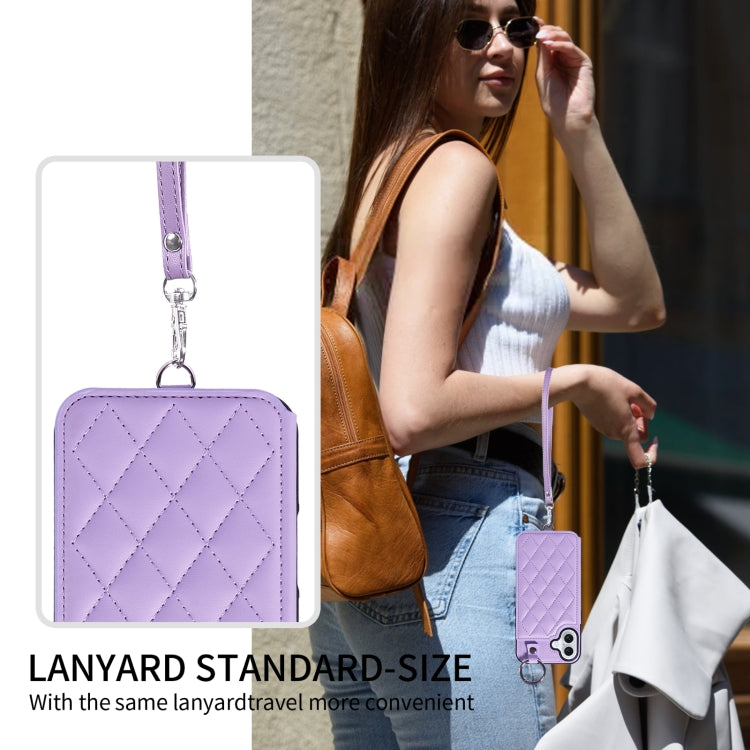 For iPhone 16 Plus Rhombic Texture Card Bag Phone Case with Short Lanyard(Purple) by buy2fix