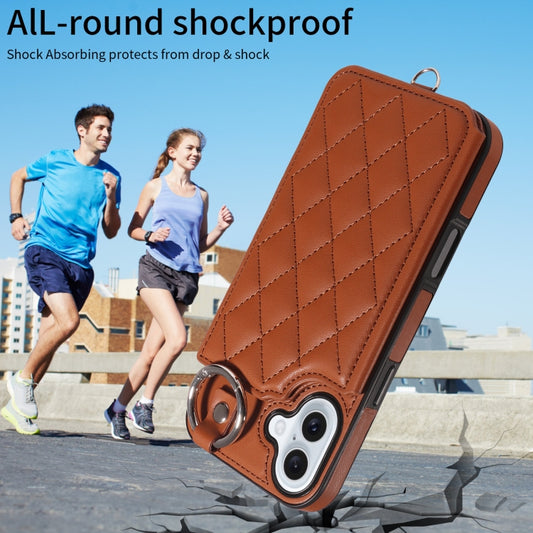 For iPhone 16 Plus Rhombic Texture Card Bag Phone Case with Short Lanyard(Brown) by buy2fix