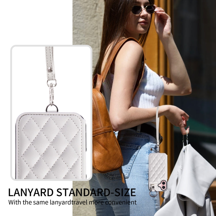 For iPhone 16 Rhombic Texture Card Bag Phone Case with Short Lanyard(White) by buy2fix