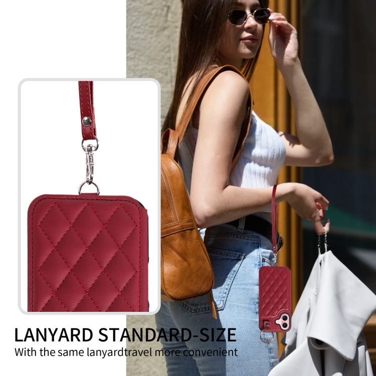For iPhone 16 Rhombic Texture Card Bag Phone Case with Short Lanyard(Wine Red) by buy2fix