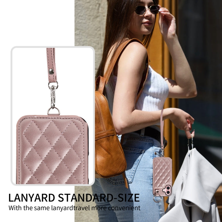 For iPhone 16 Rhombic Texture Card Bag Phone Case with Short Lanyard(Rose Gold) by buy2fix
