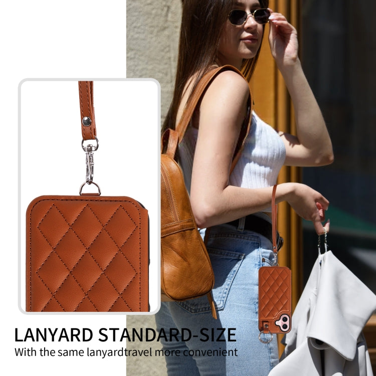 For iPhone 16 Rhombic Texture Card Bag Phone Case with Short Lanyard(Brown) by buy2fix