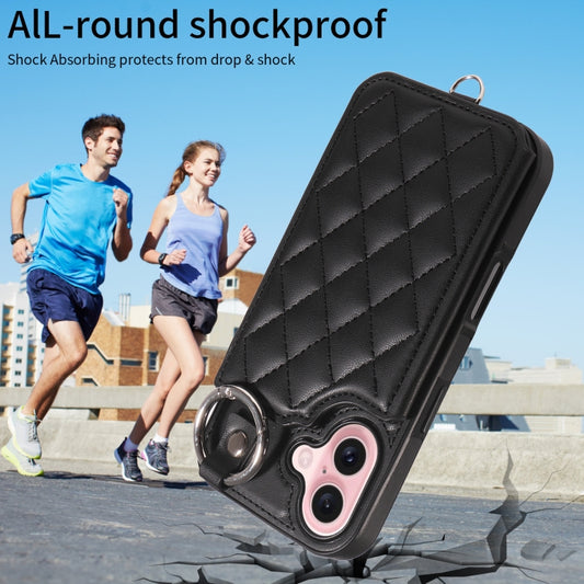 For iPhone 16 Rhombic Texture Card Bag Phone Case with Short Lanyard(Black) by buy2fix