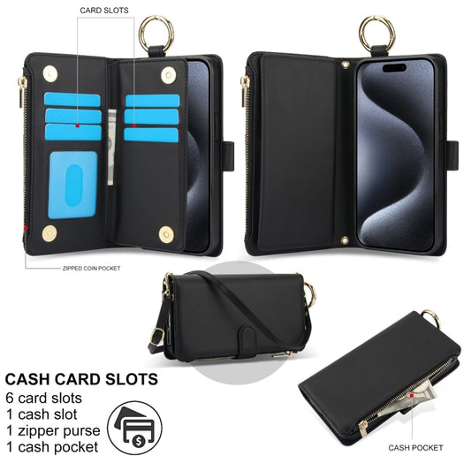 For iPhone 14 Pro Max Crossbody Ring Multifunctional Wallet Leather Phone Case(Black) - iPhone 14 Pro Max Cases by buy2fix | Online Shopping UK | buy2fix