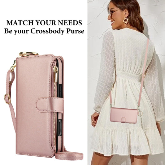 For iPhone 16 Plus Crossbody Ring Multifunctional Wallet Leather Phone Case(Rose Gold) by buy2fix