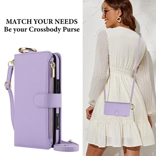 For iPhone 16 Plus Crossbody Ring Multifunctional Wallet Leather Phone Case(Purple) by buy2fix