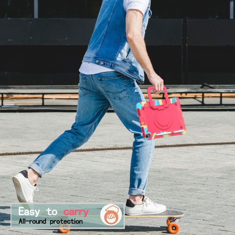 For iPad Air 11 2025 / 2024 Handle Grip Holder Silicone Hybrid PC Tablet Case with Strap(Camouflage Rose Red) by buy2fix