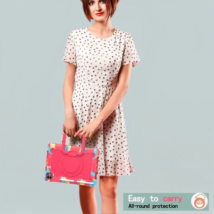 For iPad Pro 11 2025 / 2024 Handle Grip Holder Silicone Hybrid PC Tablet Case with Strap(Camouflage Rose Red) by buy2fix