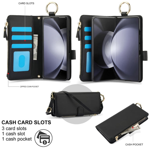 For Samsung Galaxy Z Fold6 Crossbody Ring Multifunctional Wallet Fold Leather Phone Case(Black) - Galaxy Z Fold6 5G Cases by buy2fix | Online Shopping UK | buy2fix