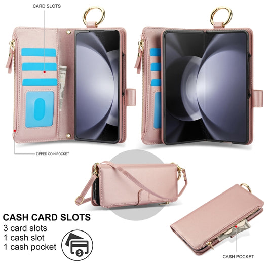 For Samsung Galaxy Z Fold6 Crossbody Ring Multifunctional Wallet Fold Leather Phone Case(Rose Gold) - Galaxy Z Fold6 5G Cases by buy2fix | Online Shopping UK | buy2fix
