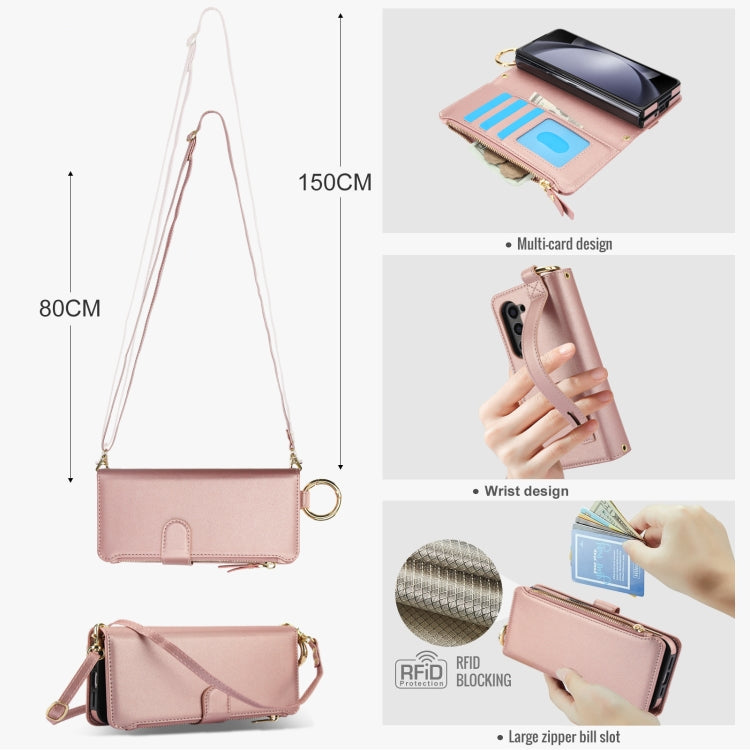 For Samsung Galaxy Z Fold6 Crossbody Ring Multifunctional Wallet Fold Leather Phone Case(Rose Gold) - Galaxy Z Fold6 5G Cases by buy2fix | Online Shopping UK | buy2fix
