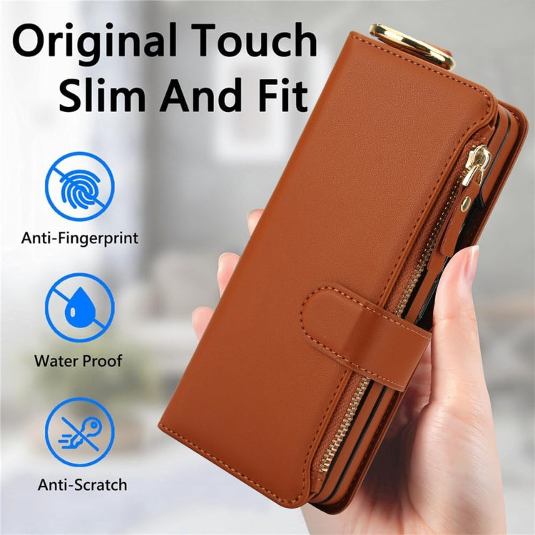 For Samsung Galaxy Z Fold4 Crossbody Ring Multifunctional Wallet Fold Leather Phone Case(Brown) - Galaxy Z Fold4 5G Cases by buy2fix | Online Shopping UK | buy2fix