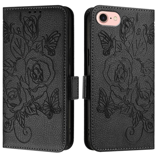 For iPhone SE 2024 Embossed Rose RFID Anti-theft Leather Phone Case(Black) by buy2fix