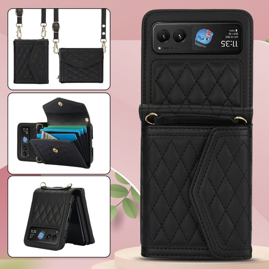 For Motorola Razr 40 Splicing Rhombic Texture Phone Case with Long & Short Lanyard(Black) by buy2fix