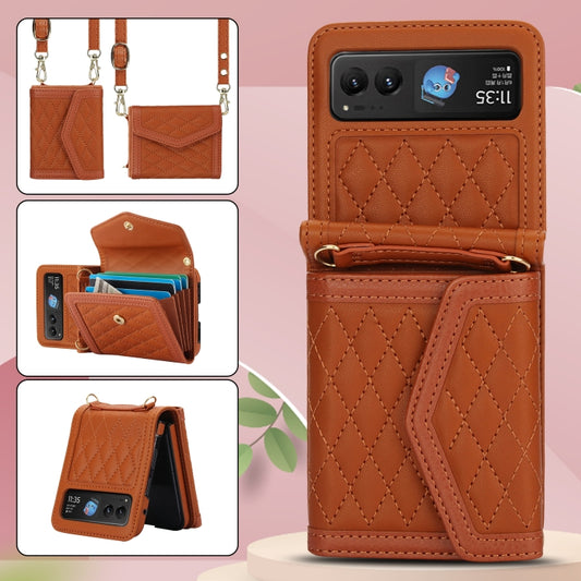 For Motorola Razr 40 Splicing Rhombic Texture Phone Case with Long & Short Lanyard(Brown) by buy2fix