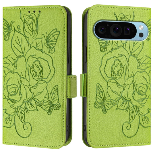 For Google Pixel 9 / 9 Pro Embossed Rose RFID Anti-theft Leather Phone Case(Green) by buy2fix